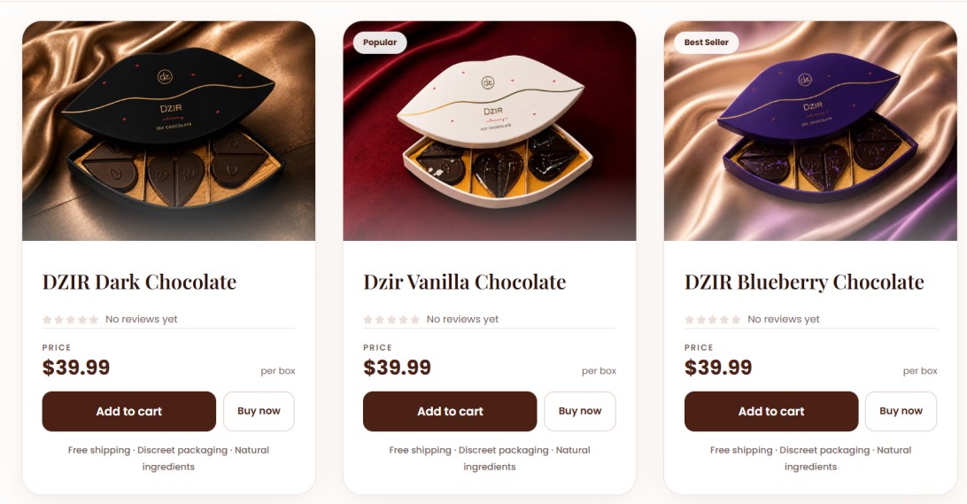 Three DZIR intimacy chocolate boxes in dark, vanilla, and blueberry flavors displayed with product packaging.